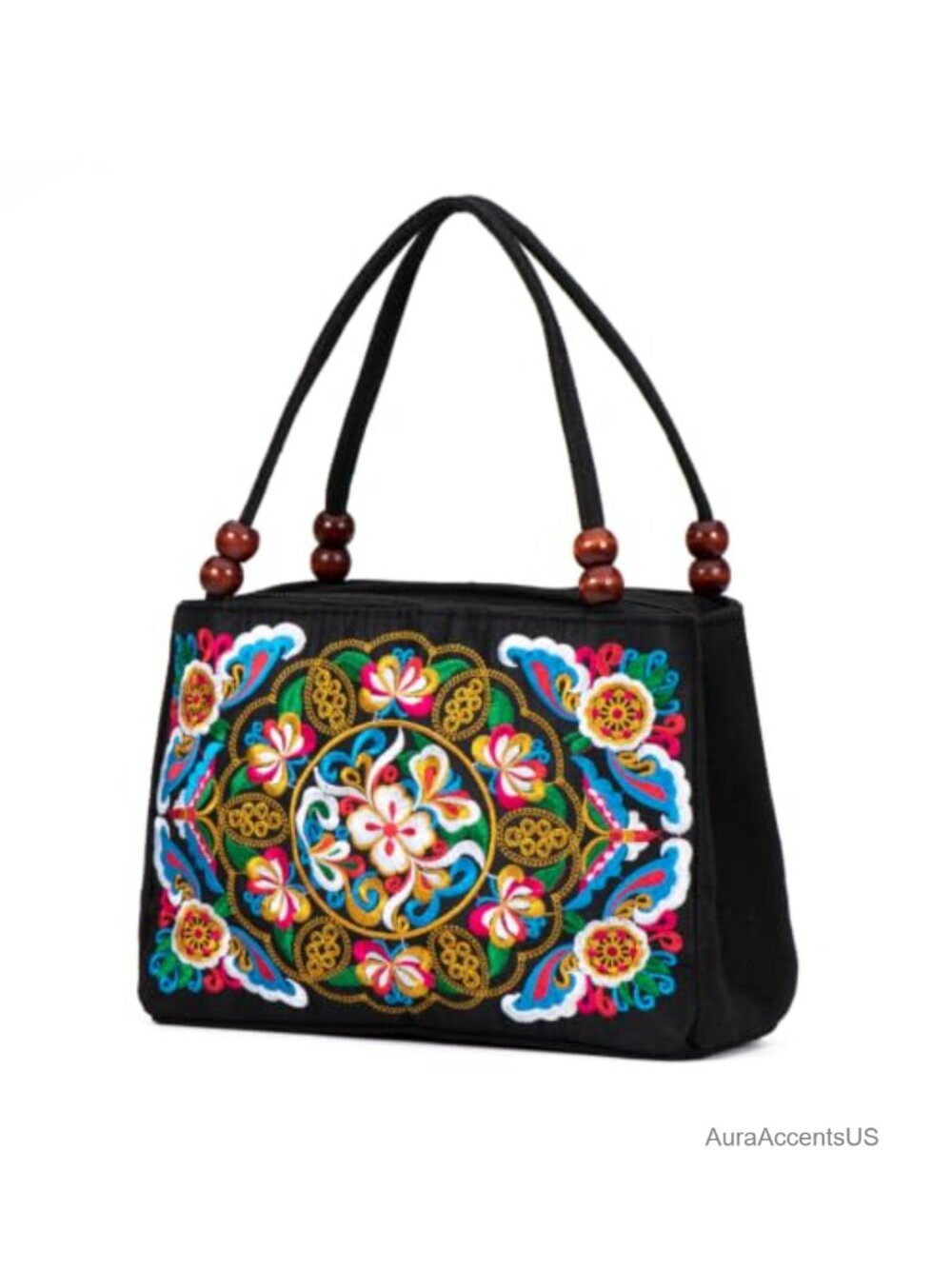 Embroidered Canvas Tote Bag Small Wooden Beads Handles Boho Purse